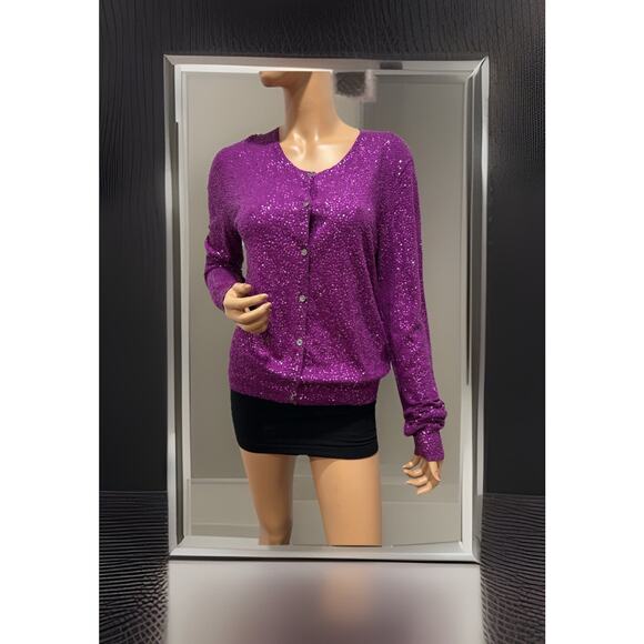 dkny cardigan cashmere And Silk Fully Sequined Size Large Purple Color - Picture 1 of 11
